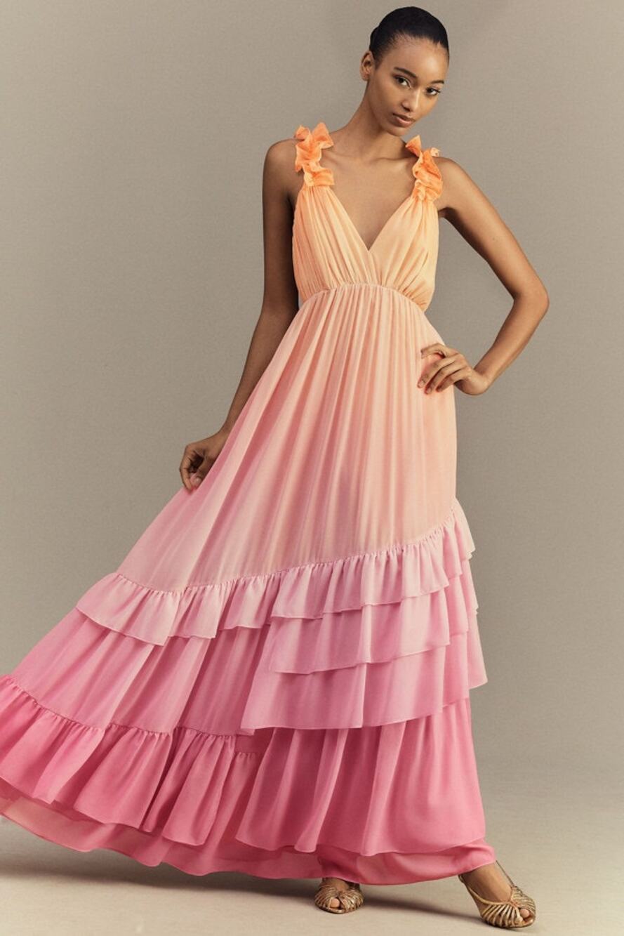 BHLDN Alivia V-Neck Ruffle Ombré Maxi Dress Pink Peach M